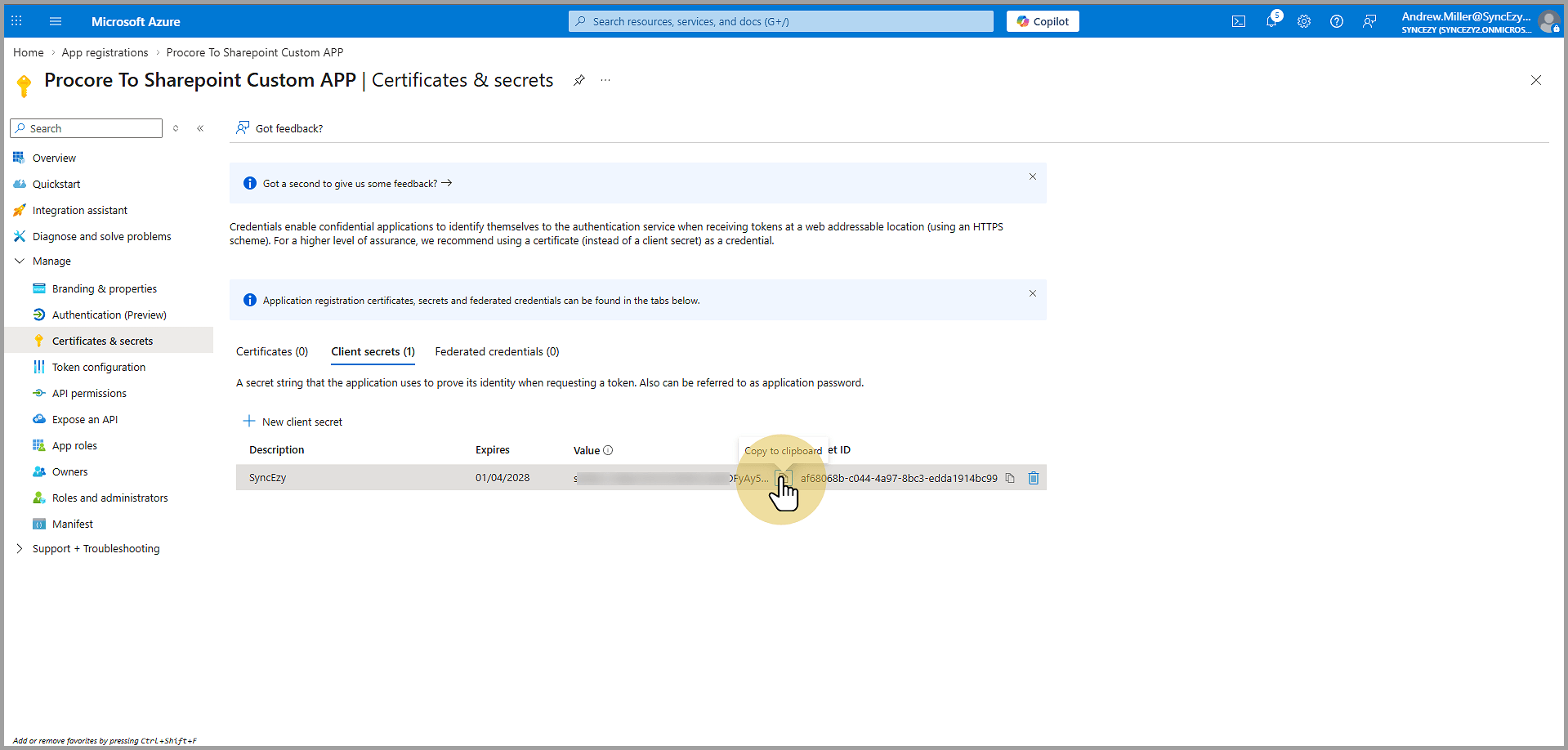 Copy the Value Key and store it securely, as it will be required later.