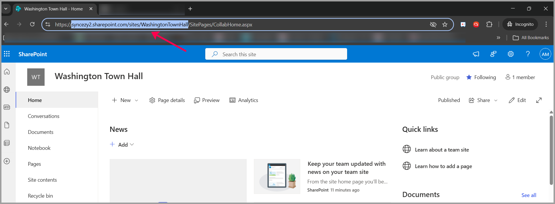 Copy the SharePoint site URL